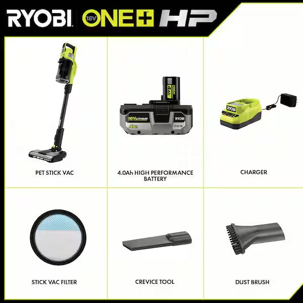 ONE HP 18V Cordless PET Stick Vacuum Cleaner Kit with 4.0 Ah HIGH PERFORMANCE Battery and Charger