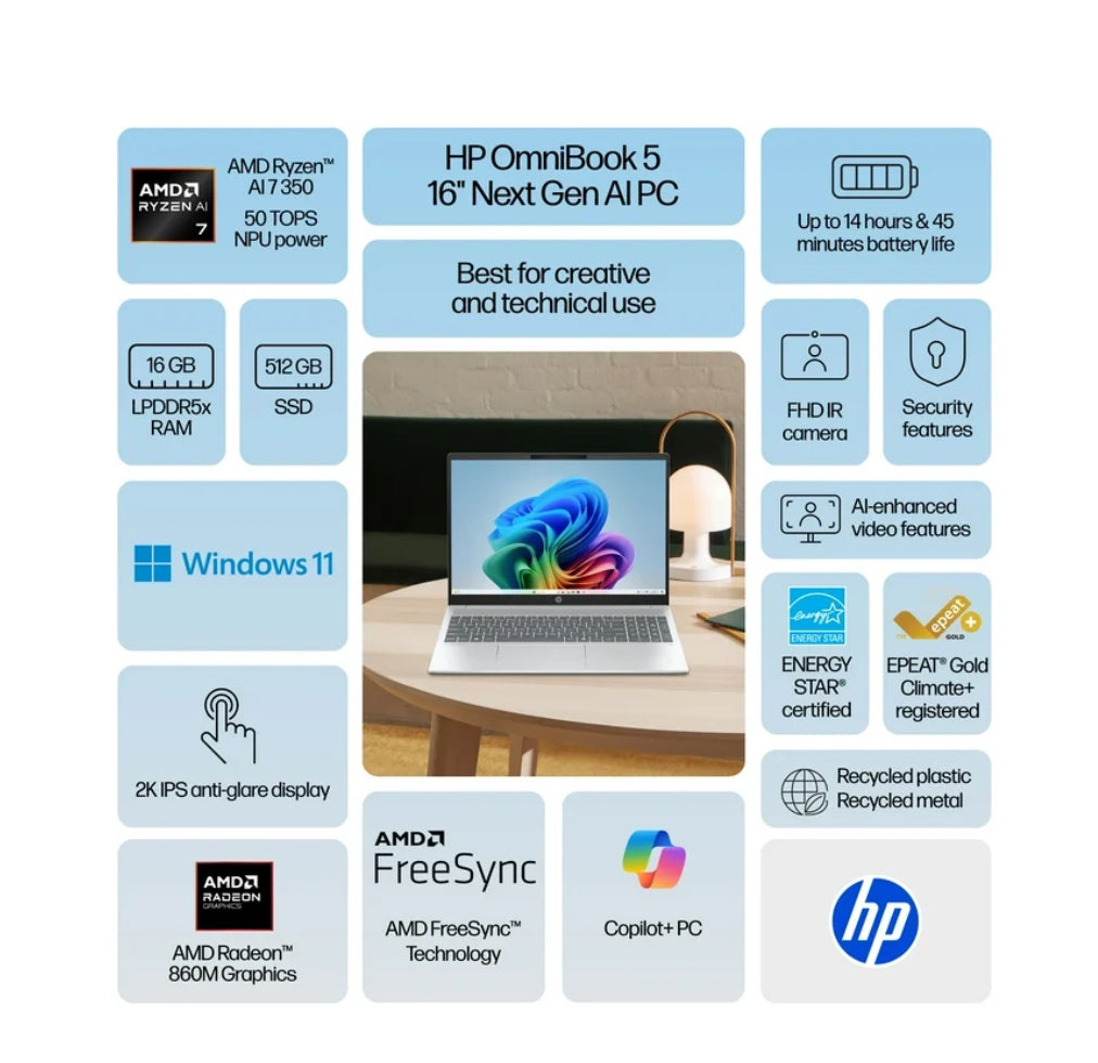 HP Omnibook 5 16 Pulgadas Ventanas Portátil AMD Ryzen 7 AI PC 16GB RAM 512GB SSD Glaciar Plata