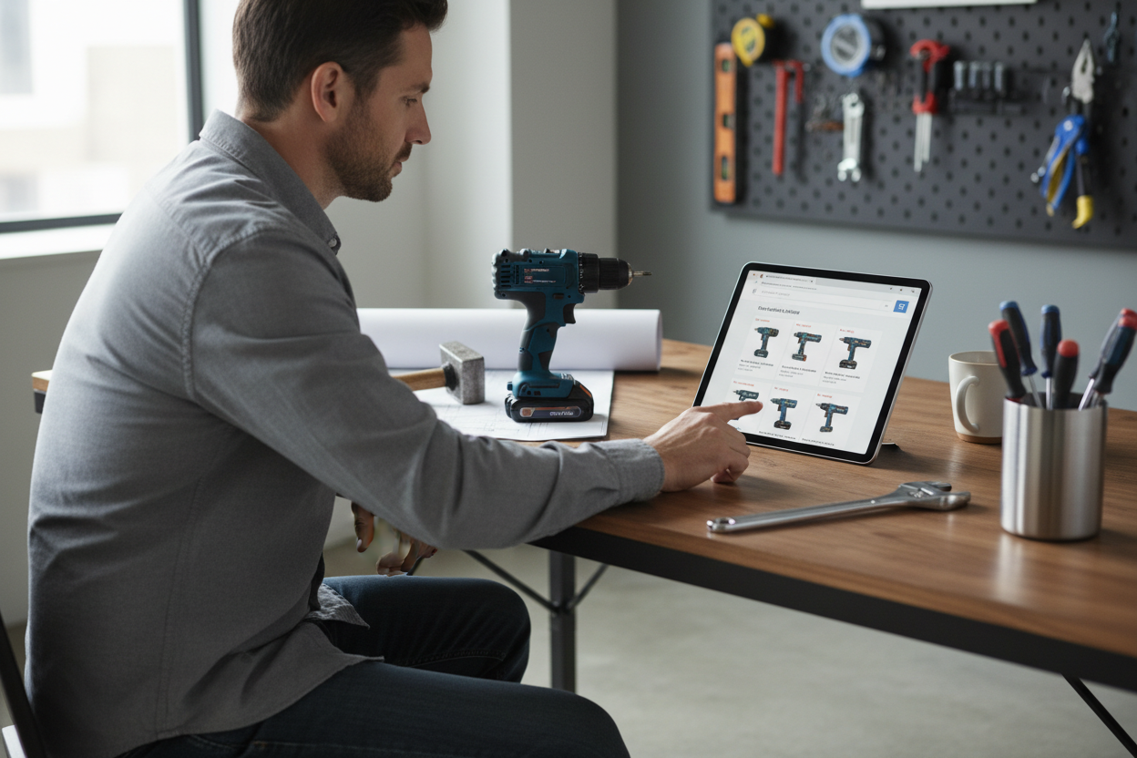 UN HOMBRE PIDIENDO ONLINE SUS HERRAMENTAS QUE SE VEAN ALGUNAS 